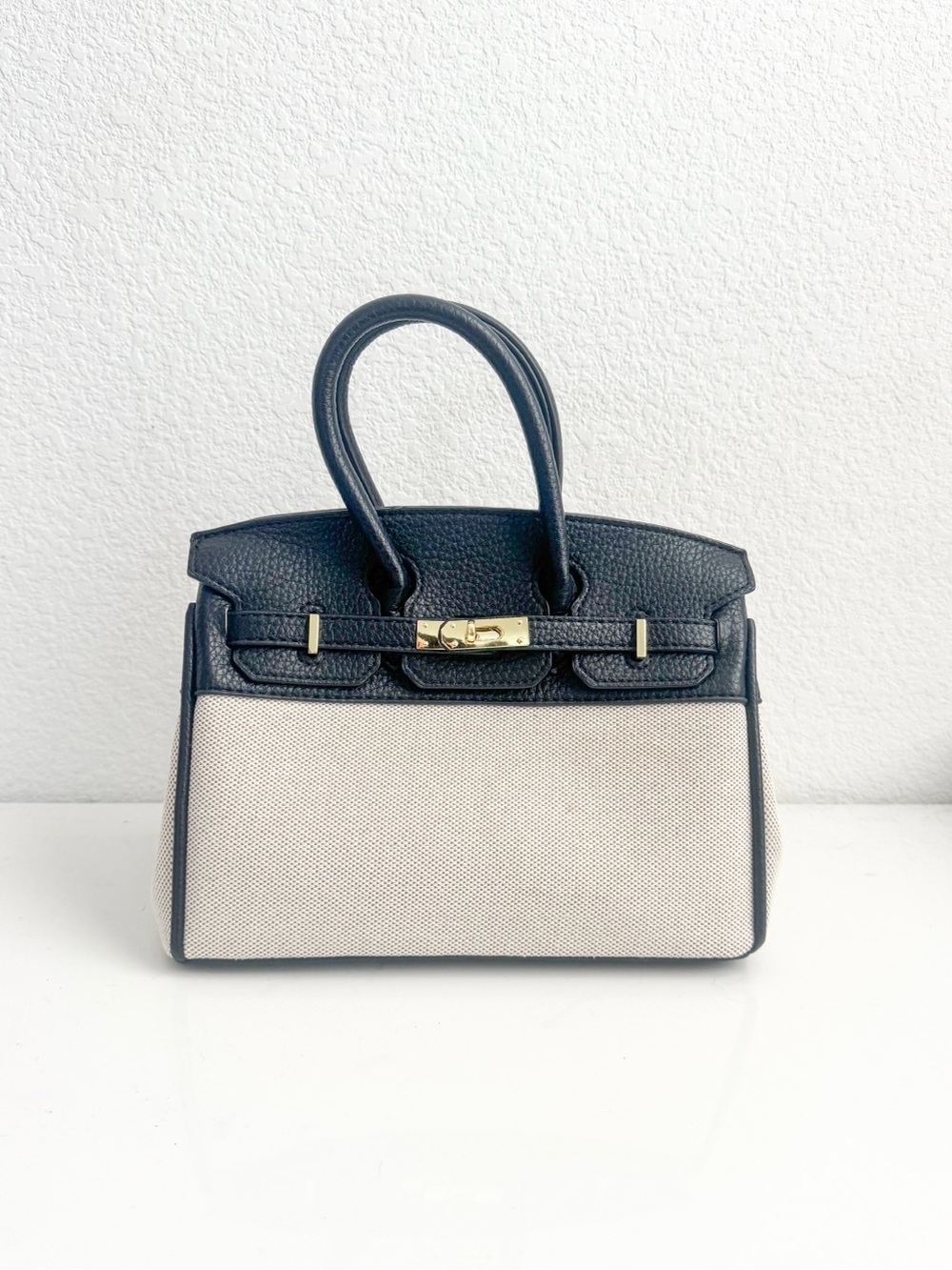 Black/Cream Canvas Satchel Top Handle w/ Crossbody Strap Gold Hardware (Stained)